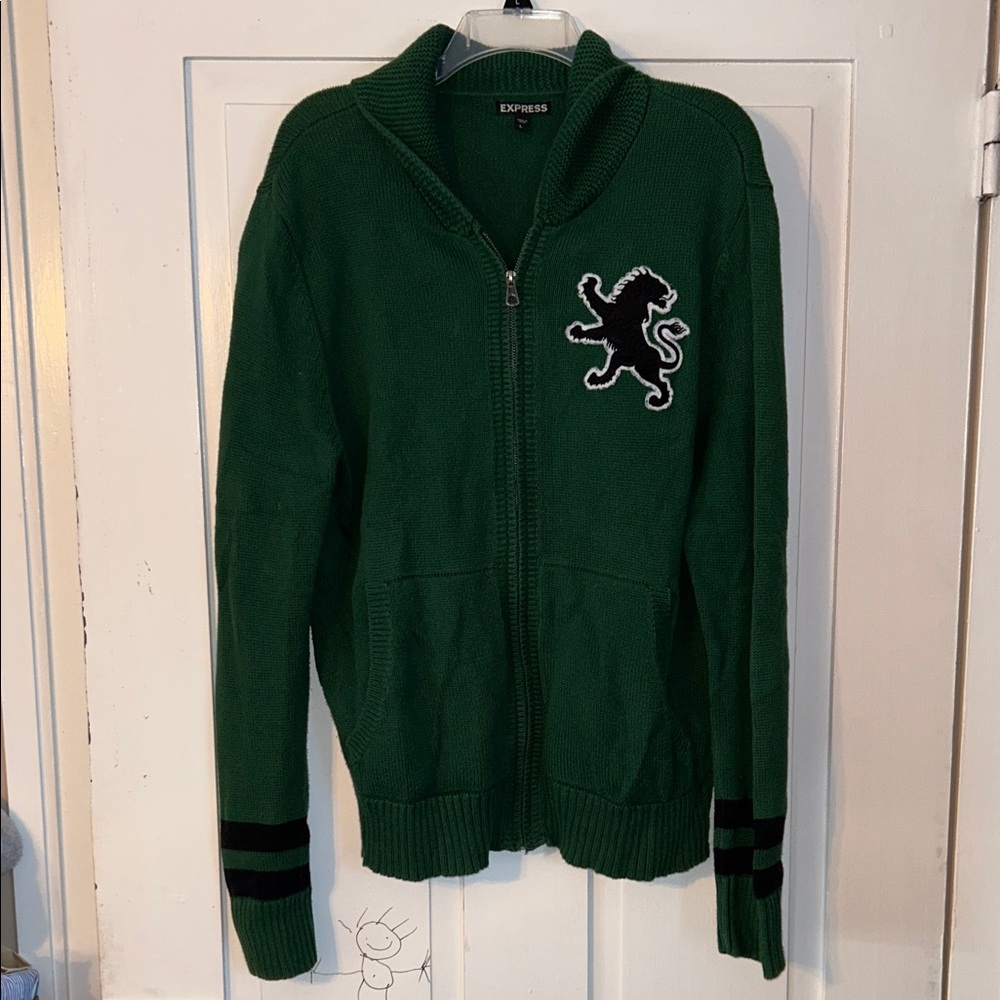 EXPRESS Men’s Varsity Cardigan Sweater Forest Green Large Black Lion Shawl Cabin